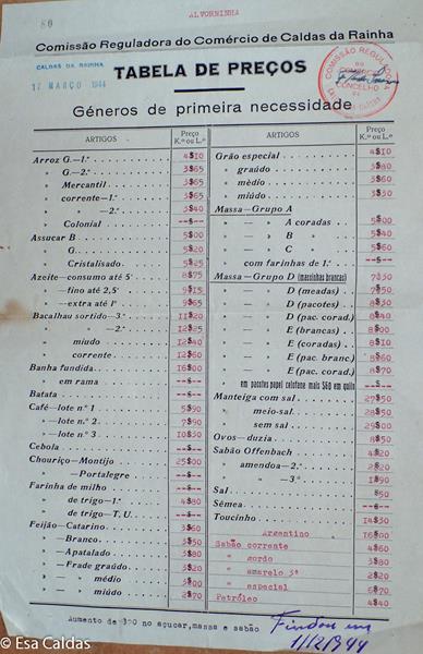 Prijslijst 17 maart 1944, de prijs van manteiga sem sal (boter zonder zout) is inmiddels opgelopen tot 29 escudos