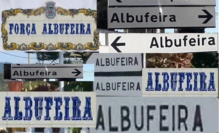 Verzameling van richtingborden met de goede spelling van Albufeira erop