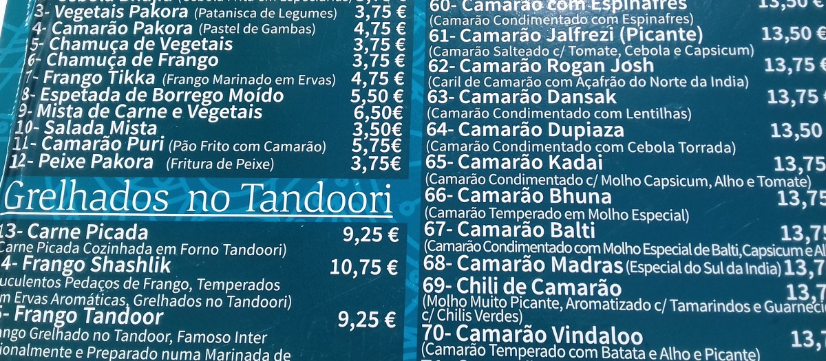 Menukaart van een indiaas restaurant in de Algarve - Portugal