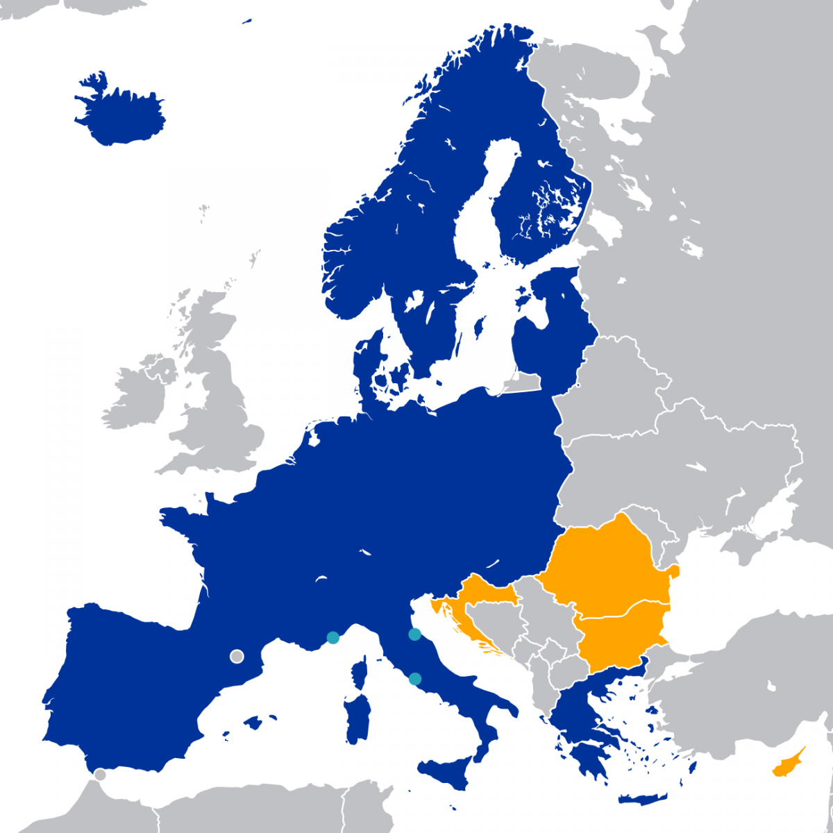 Kaart van Europa met deelnemers aan het Schengen-verdrag