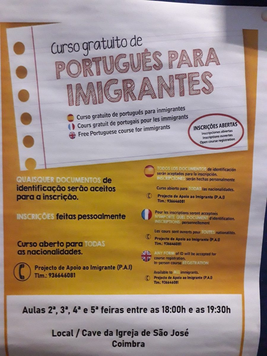 Aankondiging gratis cursus Portugees voor Immigranten in Coimbra.