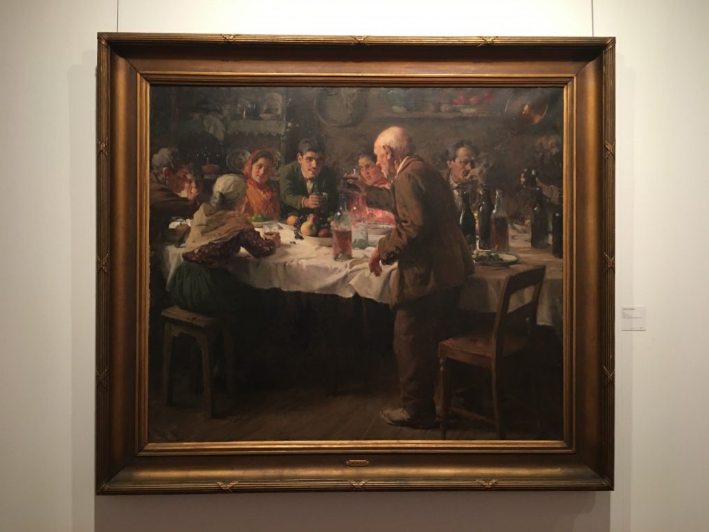 Schilderij van Carlos Reis van een groep mensen aan tafel.