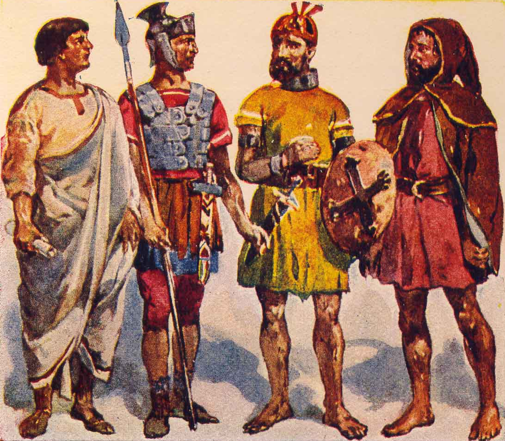 Romeinen en Lusitaniërs. Roque Gameira maakte begin 20e eeuw illustraties bij de geschiedenis van Portugal. We zien 2 Romeinen, een krijger en in een toga en 2 autochtone inwoners.