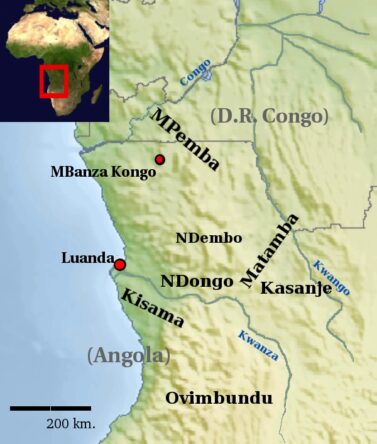 Geografische aanduiding van de vroegere Mbundu regio.