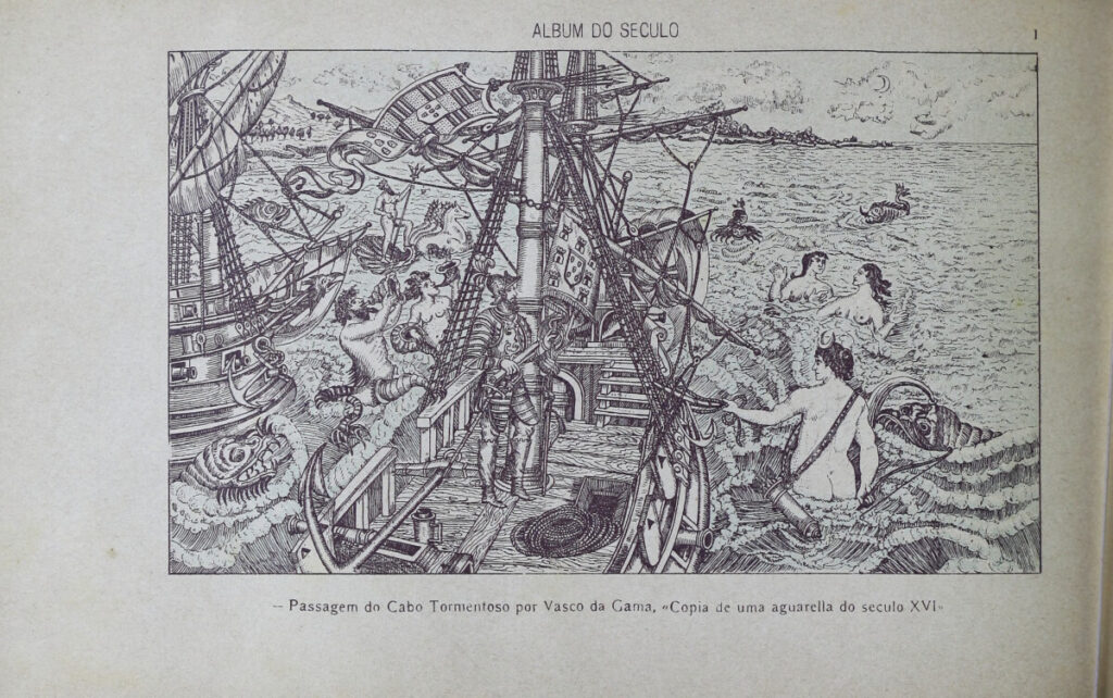 Oude tekening de passage van Kaap de Goede Hoop door Vasco da Gama