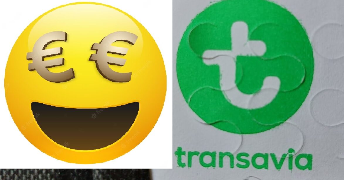 Transavialogo op een bagagelabel met een smiley mey eurotekens in de ogen ernaast