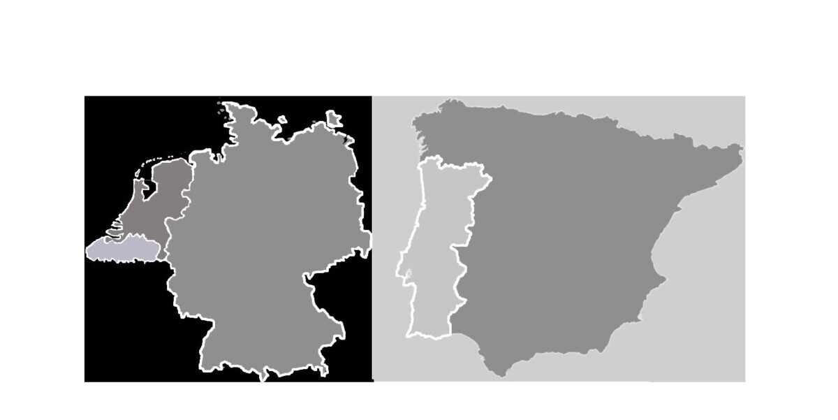 Landkaart met taalgebieden Nederlands-Duits en portugees-Spaans