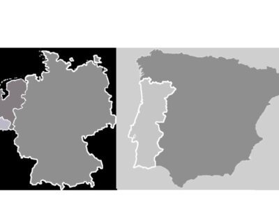 Landkaart met taalgebieden Nederlands-Duits en portugees-Spaans