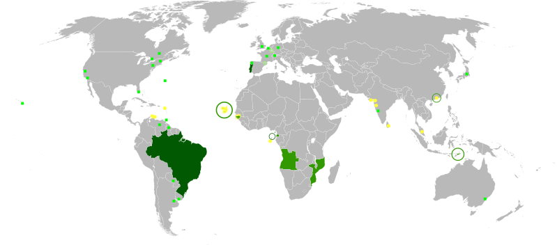 Wereldkaart met overzicht van de Portugese taal. 