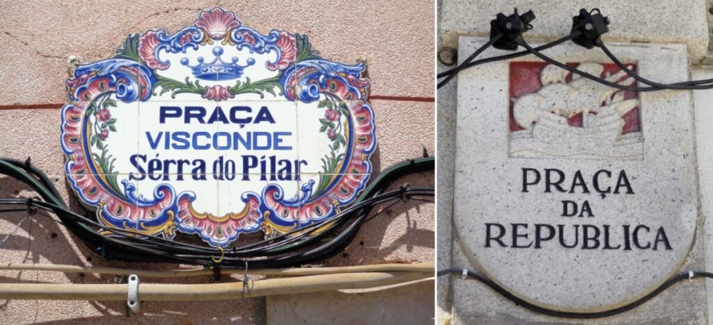 Fotocollage van twee straatnaamborden in het Portugees.