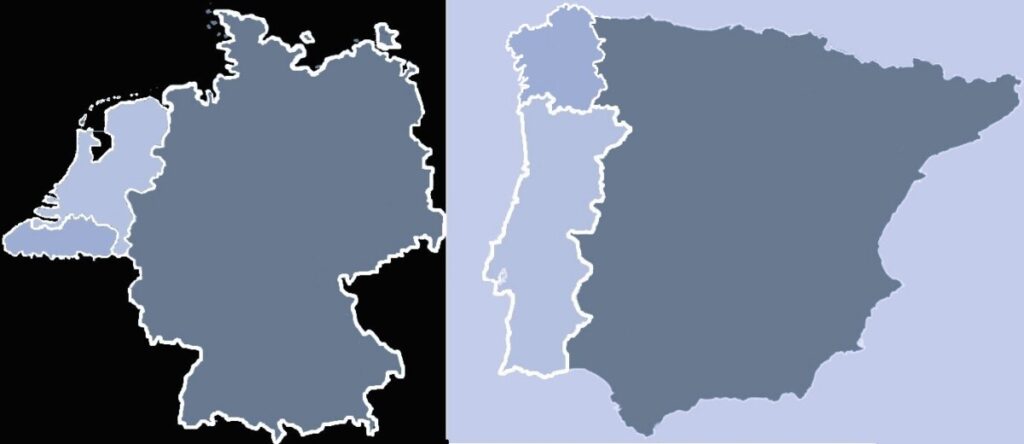 Collage van twee landkaarten met daarop de taalgebieden van het Nederlands en het Portugees in Europa, en het grote buurland.