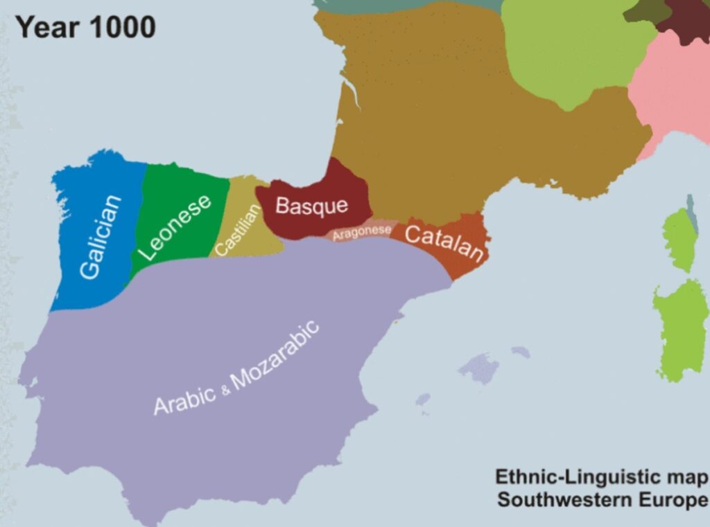 Kaart van de taalgebieden op het Iberisch schiereiland rond het jaar 1000