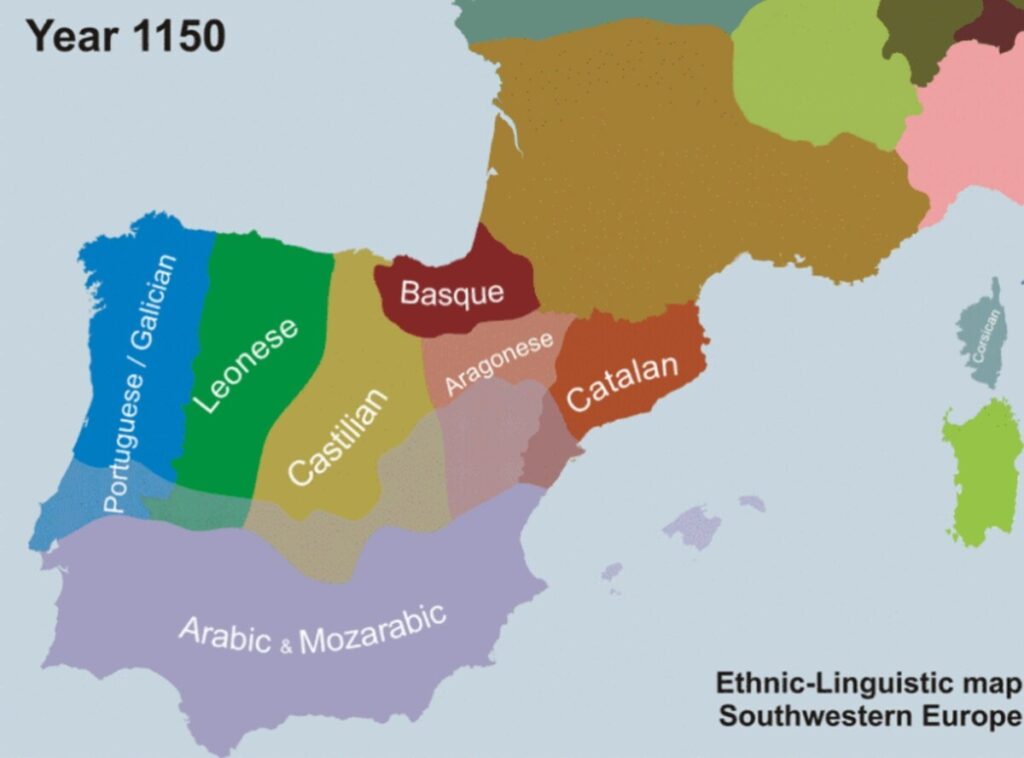 Kaart van de taalgebieden op het Iberisch schiereiland rond het jaar 1150