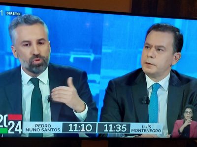 Televisiedebat tussen Luis Monenegro en Pedro Nuno Santos in aanloop naar de parlementverkiezingen, legislativas, in Portugal op 10 maart 2024