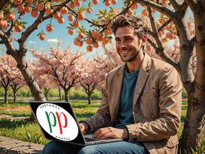 KMK juni 2024 glimlachende man AI met laptop en PP logo
