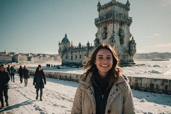 Vrouw voor een besneeuwde Torre de Belém in Lissabon, gemaakt met AI.