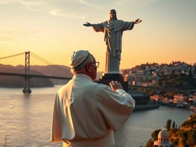 Een man in pauskleding voor het beeld Cristo Rei in Lissabon