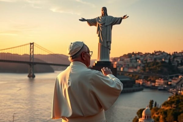 Een man in pauskleding voor het beeld Cristo Rei in Lissabon