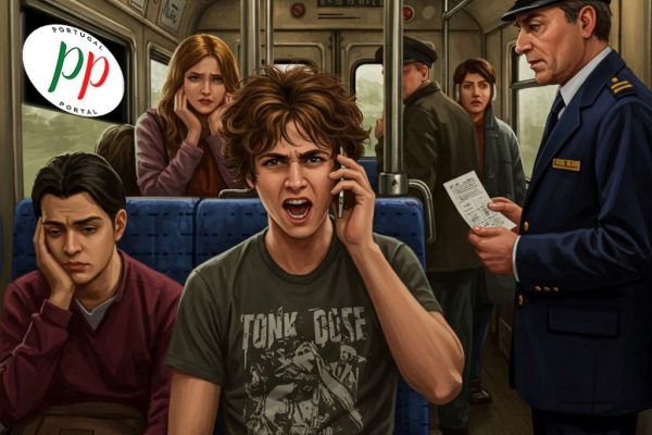 Storende jongen met smartphone in trein