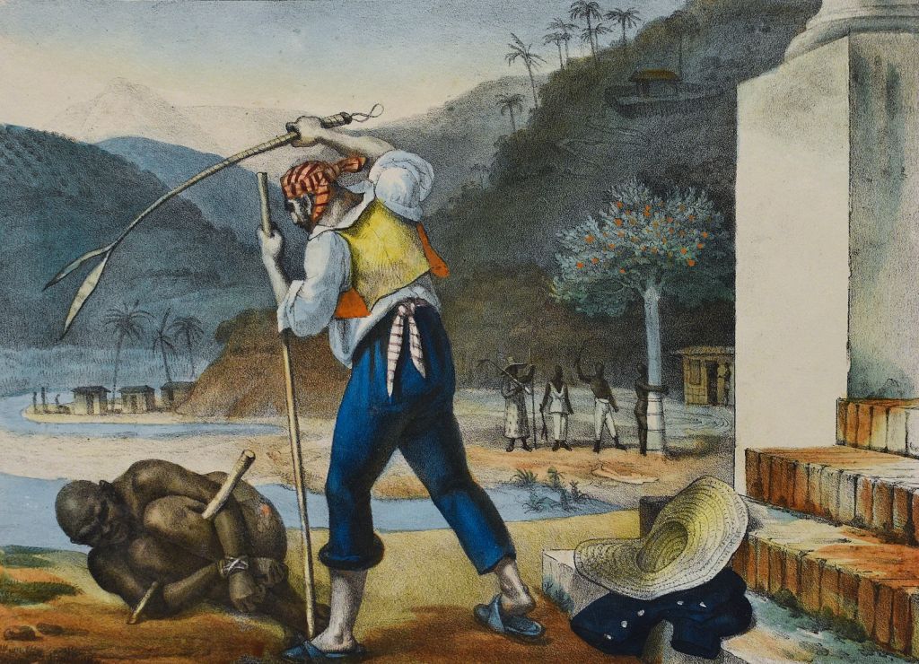 Slavernij in Brazilië, Schilderij met geketende zwarte man die geslagen wordt door witte man
