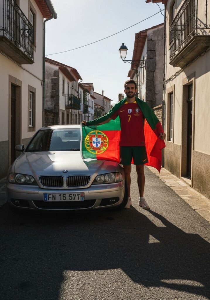 AI caricatuur van een avec met foute Portugese vlag en een auto in Portugees dorp
