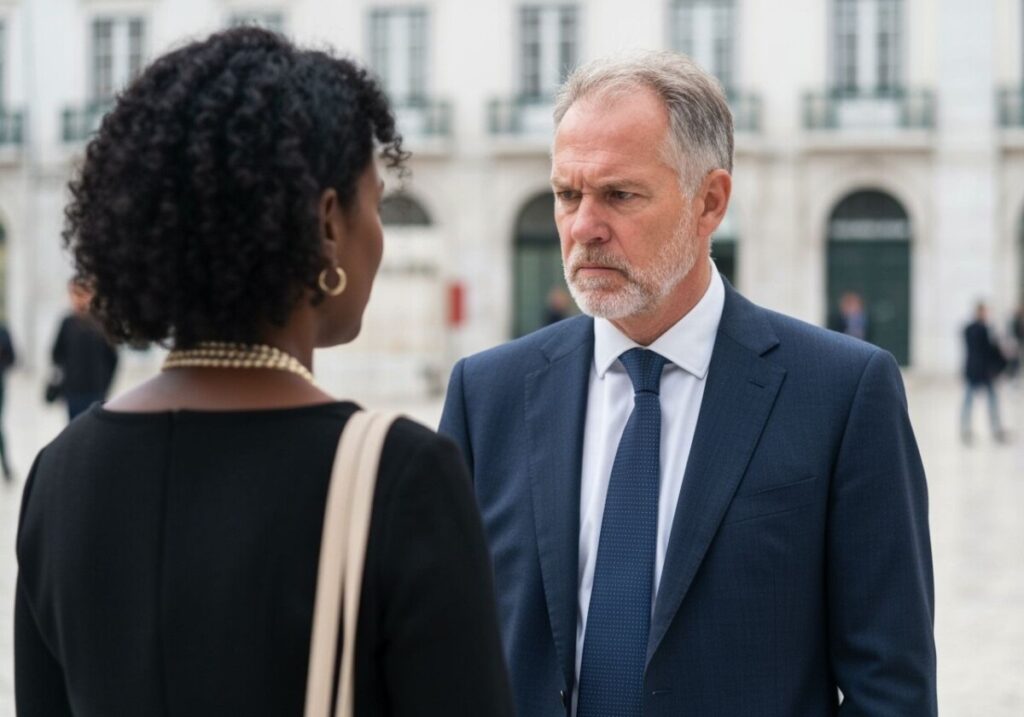 Fronsende witte man kijkt naar zwarte vrouw. AI beeld