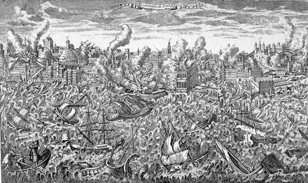 Kopergravure uit 1755 van de aardbeving en tsunami (Museu de Lisboa)