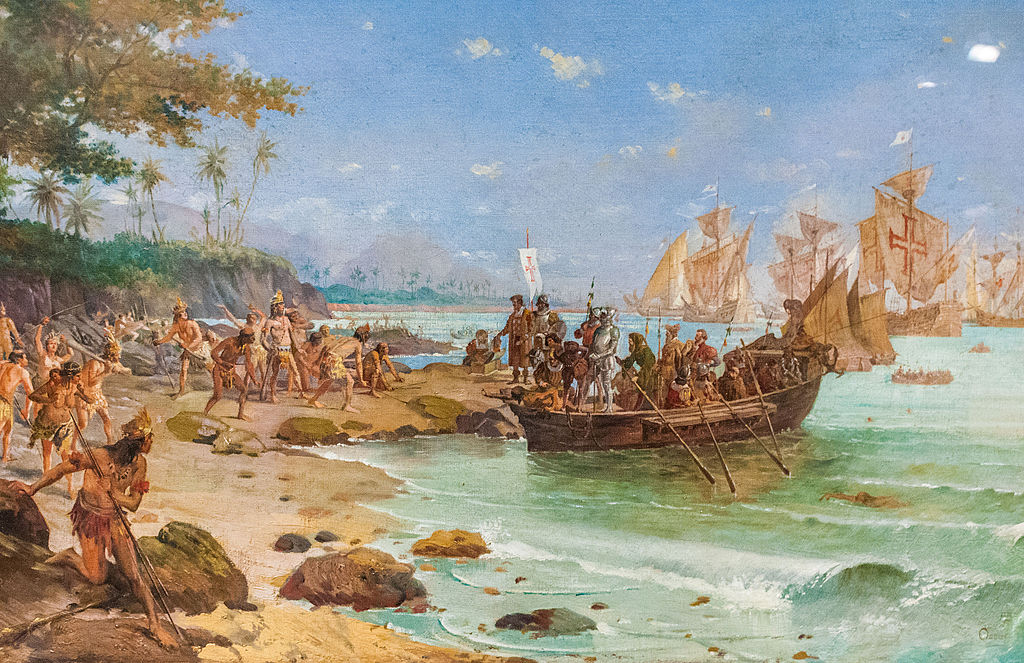 De landing van Pedro Álvares Cabral  en zijn bemanning in Porto Seguro, Brazilië, 1500. 
Schilderij van Oscar Pereira da Silva.