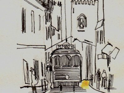 Tekening van de Elevador da Gloria in Lissabon