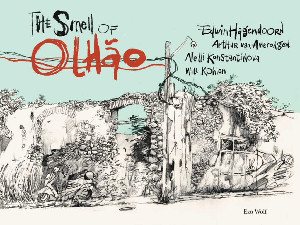 Boekkaft met pentekening van een vervallen muur in Olhão (Algarve, Portugal).