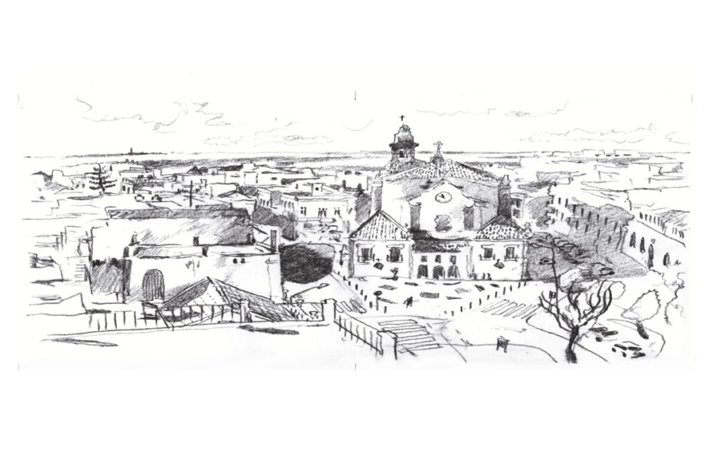 Tekening van Olhão met kerk.