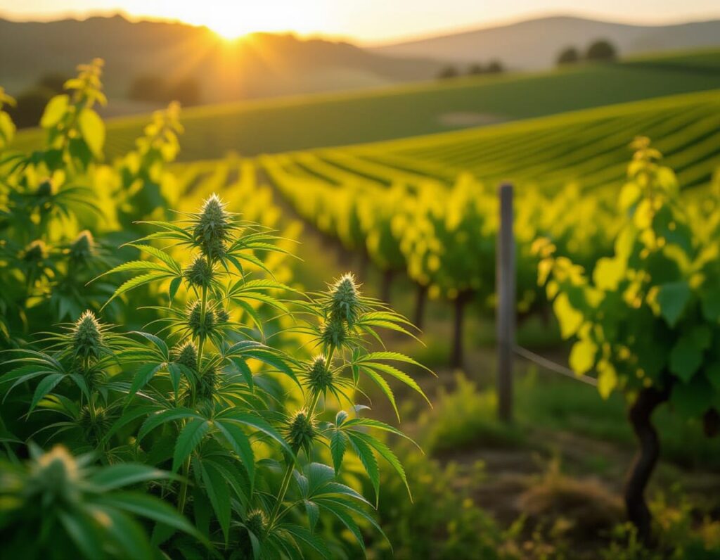 marihuana plant met wijngaard in de achtergrond
