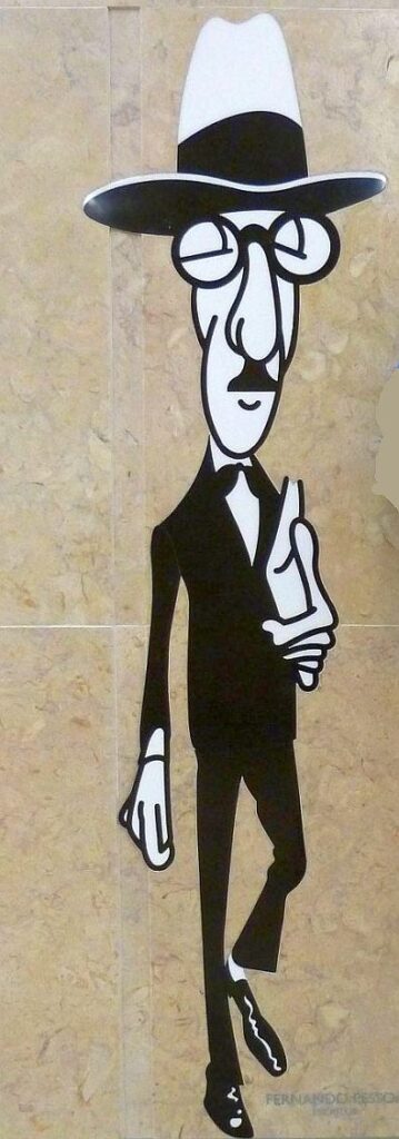 Muurschildering van Pessoa in het vliegveld van Lissabon.