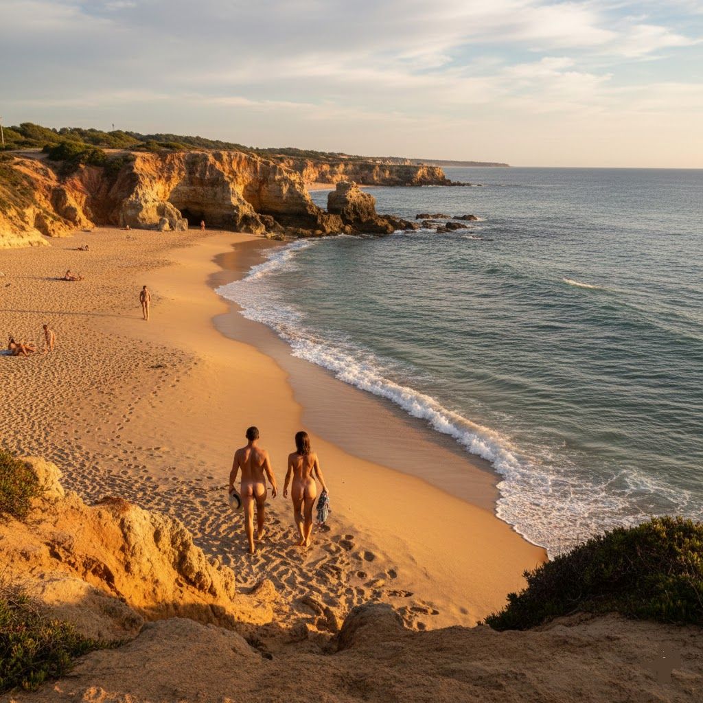 AI-gegenereerd beeld van een naakstrand met typisch Portugese rotskust