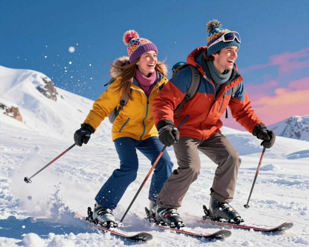 Twee skieende mensen in de sneeuw in Portugal, in de Serra da Estrela.