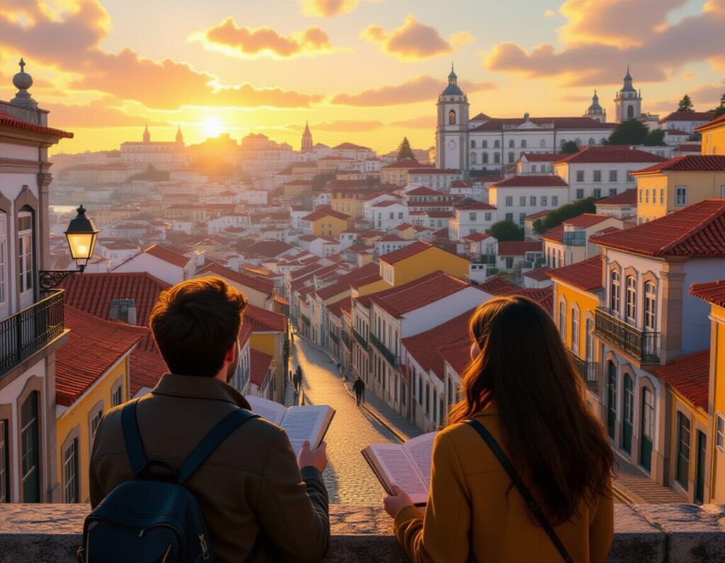 AI-gegenereerd beeld met een stel met een reisgids uitkijkend over Lissabon.
