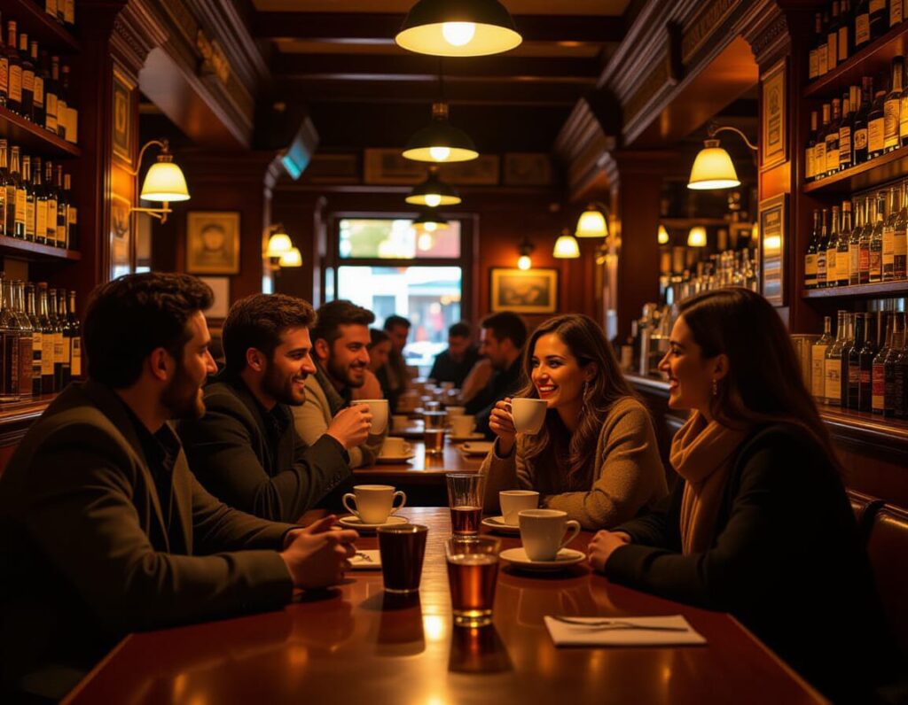 AI-gegenereerd beeld met een groep mensen en een soort bruin café in Portugal.