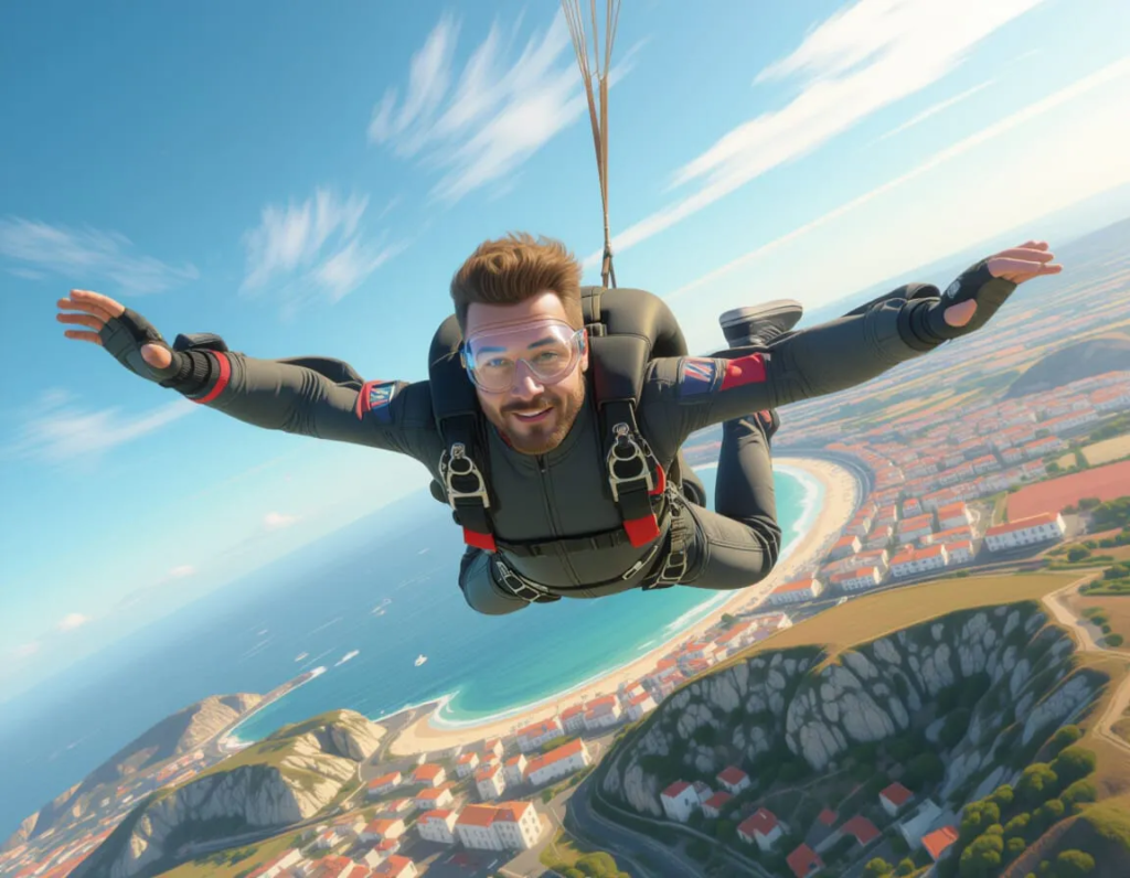 AI-gegenereerd beeld met een man aan een skydive-parachute in Portugal