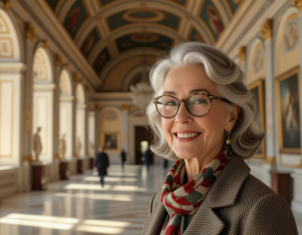 AI-gegenereerd beeld met een dame in een museum in Portugal