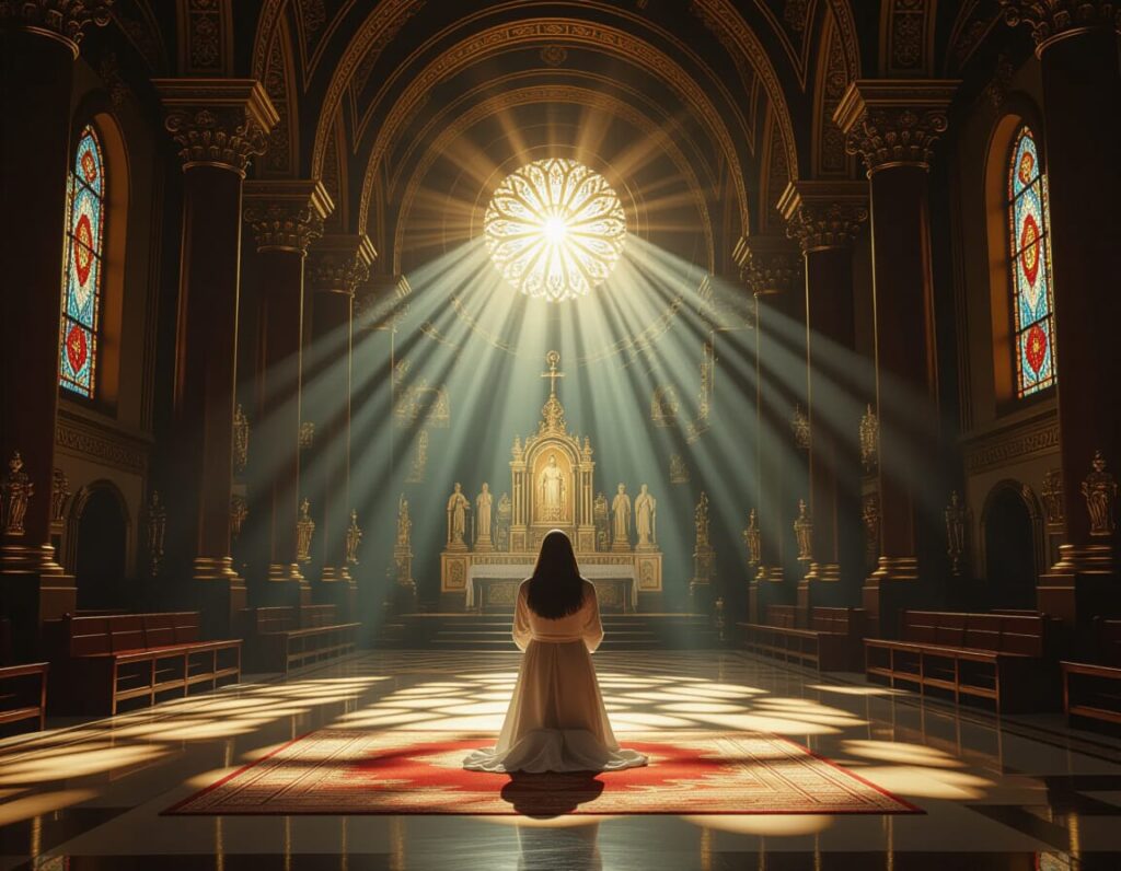 AI-gegenereerd beeld met knielende dame in een kerk in Portugal.