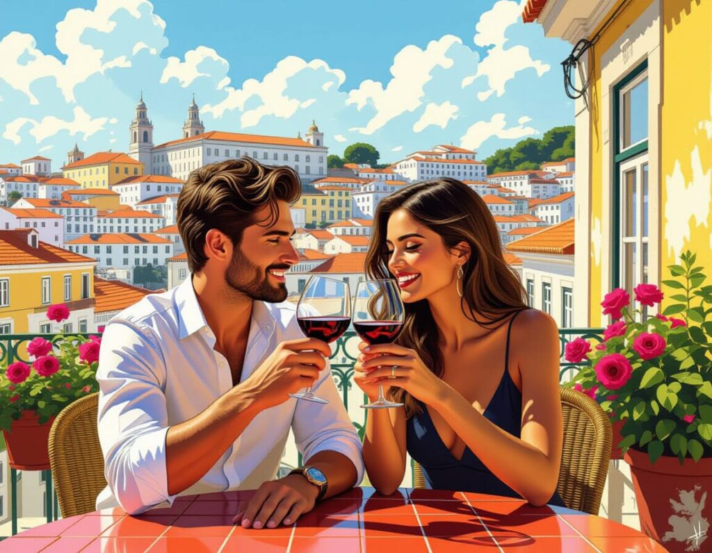 AI-gegenereerd beeld met een stel proostend met glazen wijn in Portugal