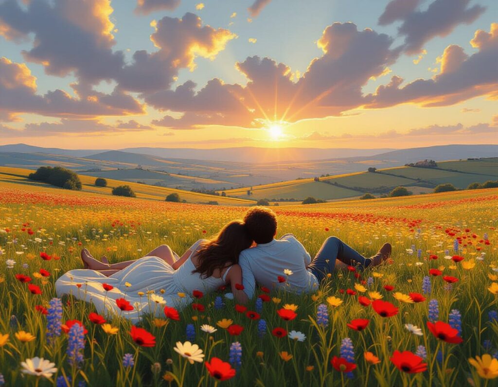 AI-gegenereerd beeld met een stel in een geheel leeg heuvelachtig landschap in Portugal