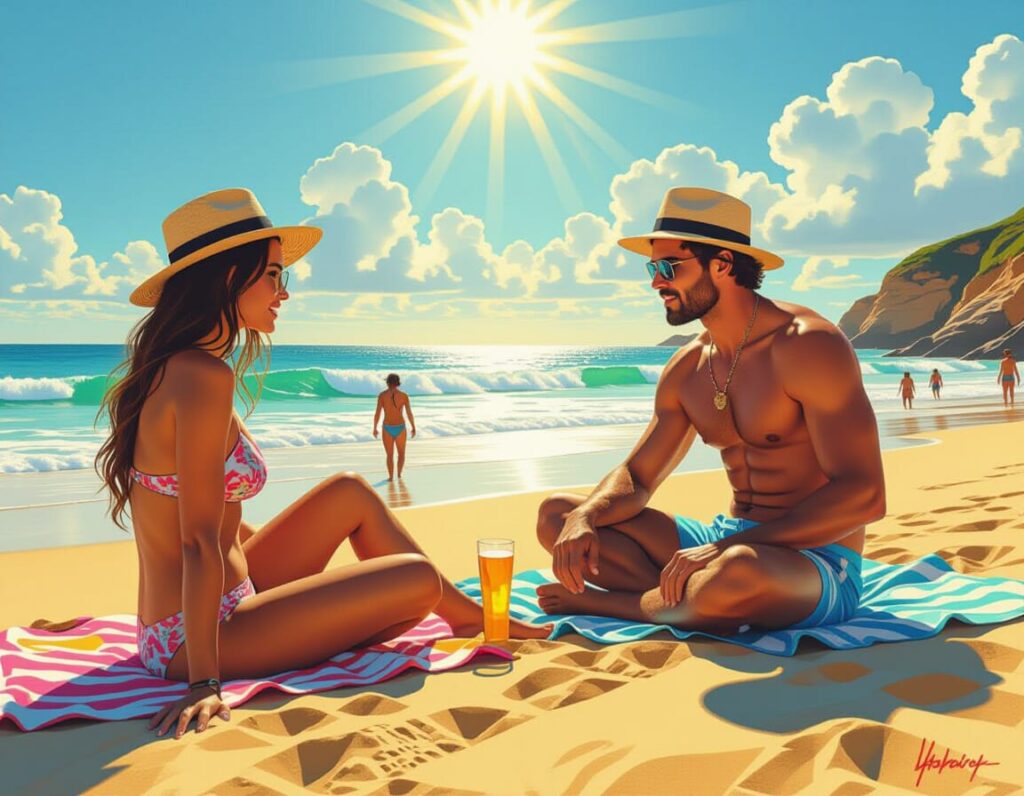 AI-gegenereerd beeld met een stelletje op een zonovergoten zandstrand in Portugal