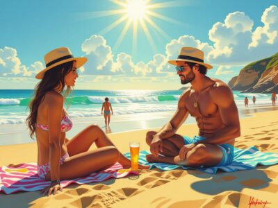 Twee mensen met strooien hoeden op het strand