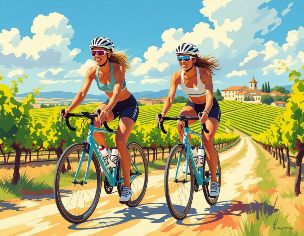 AI-gegenereerd beeld van twee fietsers in sportkleding in een Portugees landschap.