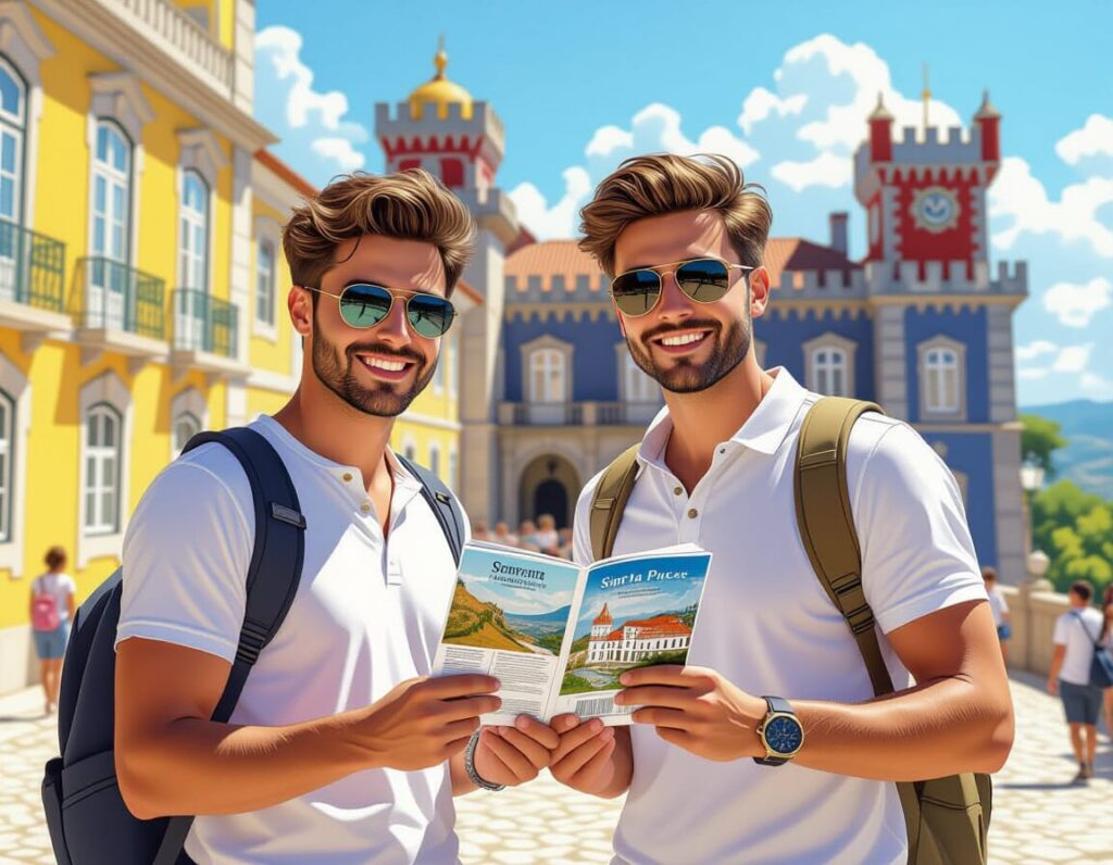 AI-gegenereerd beeld met een stel met een reisgids voor het Palácio da Pena in Sintra, Portugal.