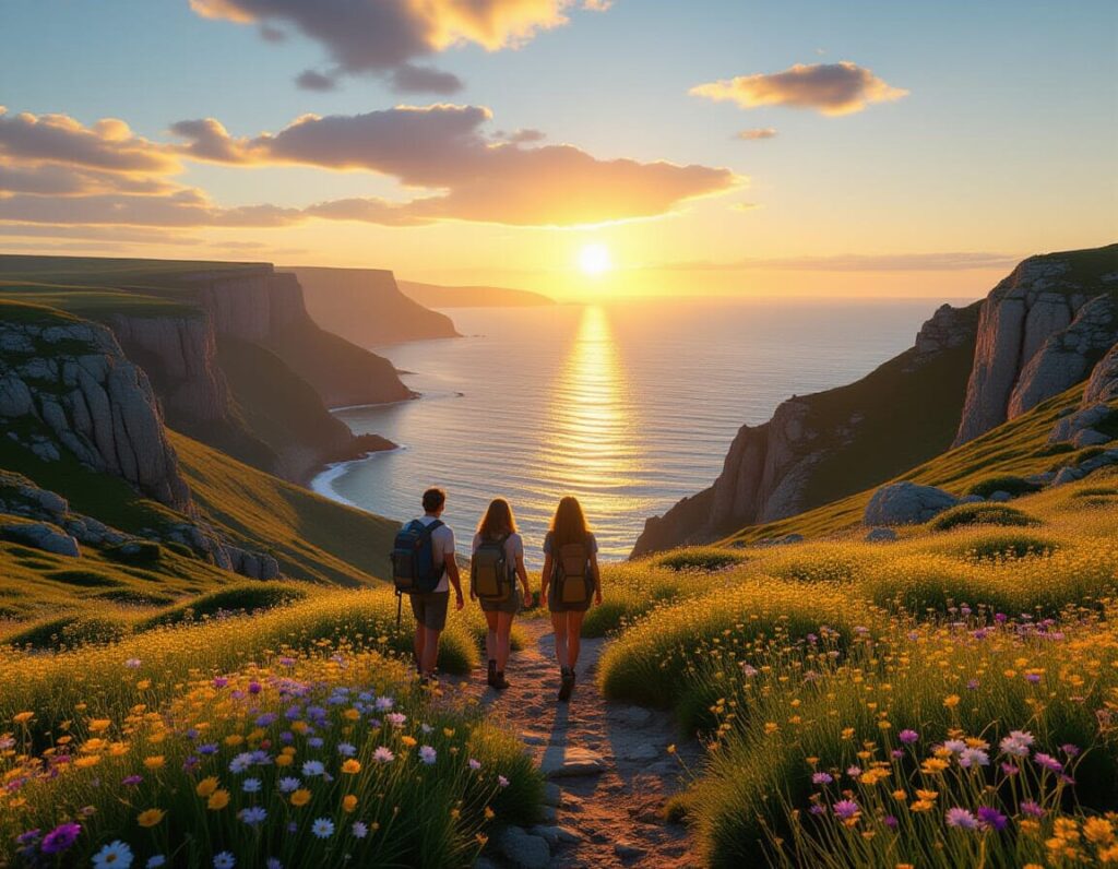 AI-gegenereerd beeld met drie wandelaars op een zandpad, uitkijkend over een Portugese rotsformatie en zee. 