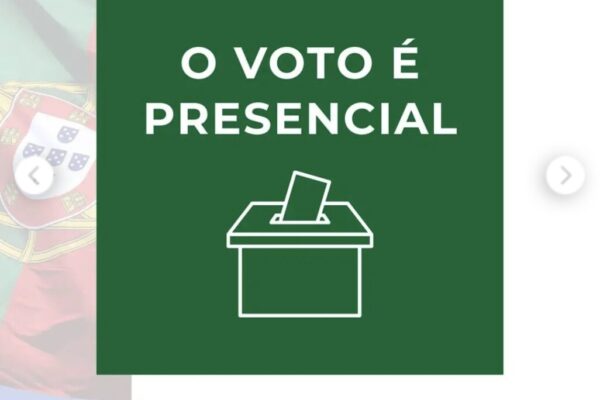 Gestileerde stembus met de tekst 'o voto é presencial'.