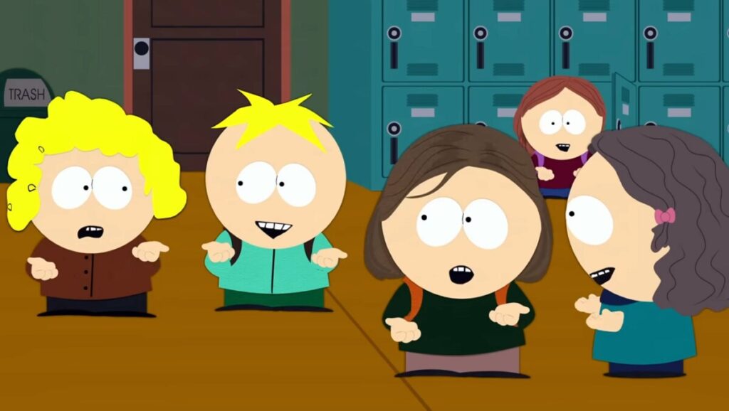 Still uit South Park  de kinderen bewegen hun handen als 6 7