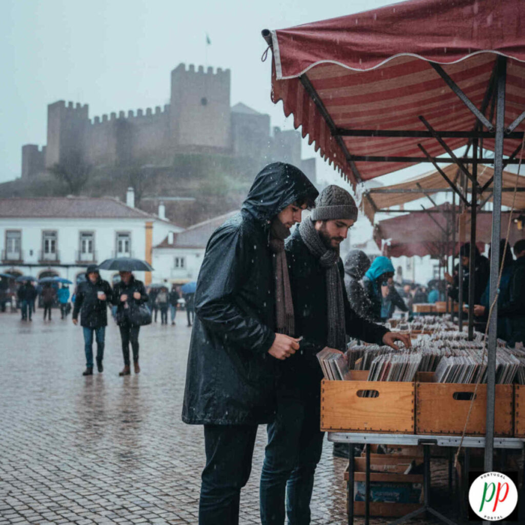 Jong koppel snuistert in platen in Silves